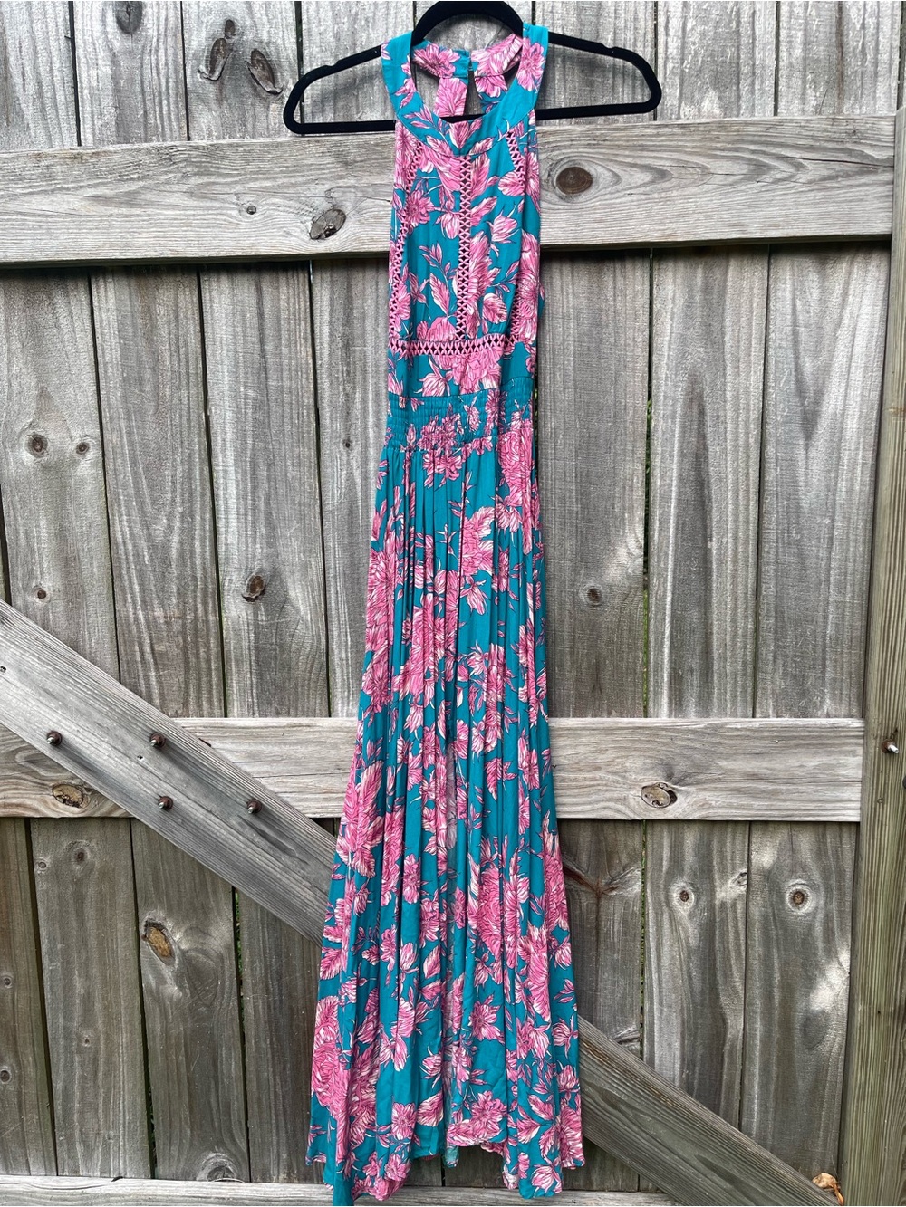 Abel The Label Teal Maxi Dress with Pink Floral Print, Sleeveless Halter Sz S